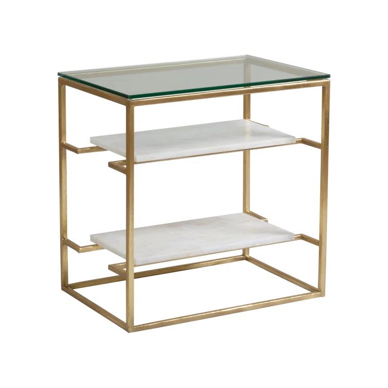 Elegant Gold Foil Rectangular Tier Table with White Crystal Stone Shelves