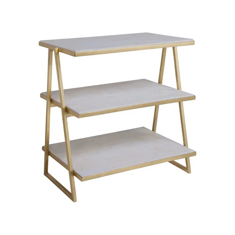 Cumulus Triangular Tier Table with Gold Iron Base and Stone Shelves