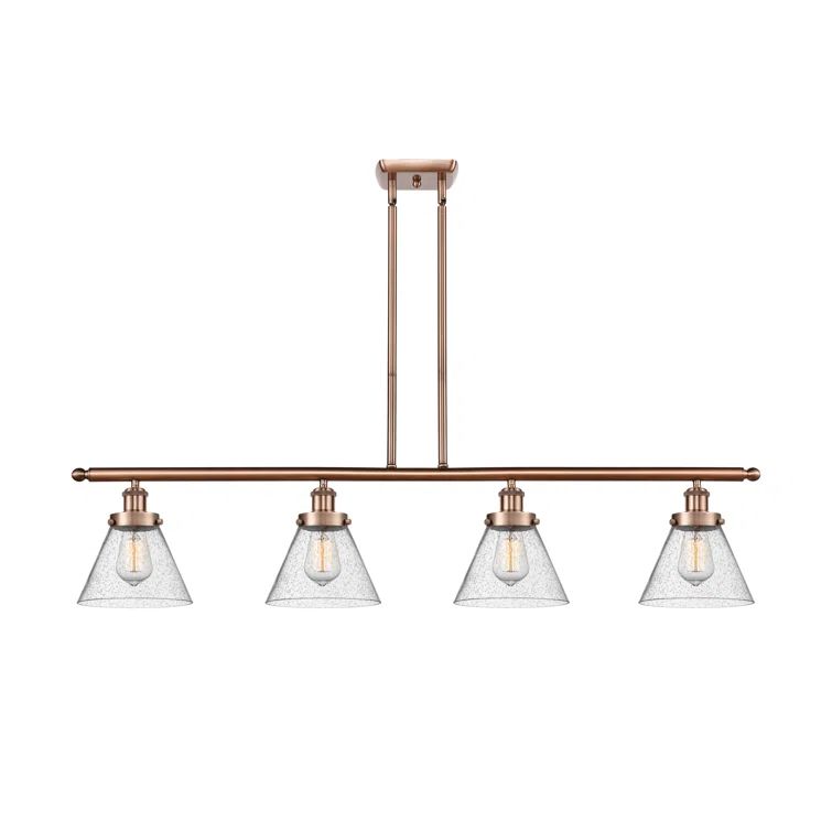 Seedy Glass Cone Shade 4-Light Island Pendant in Antique Copper
