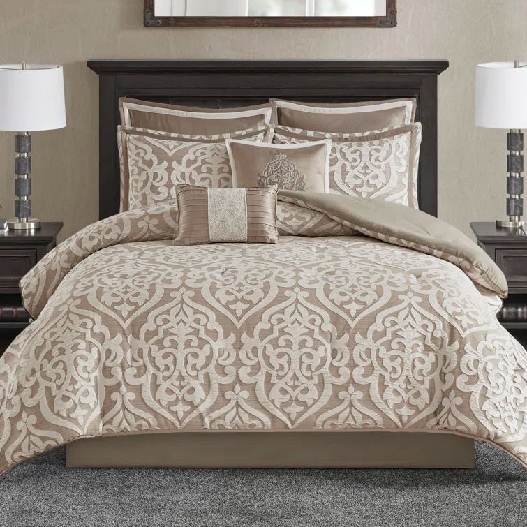 Tan Microfiber California King 8-Piece Comforter Set with Graphic Detail