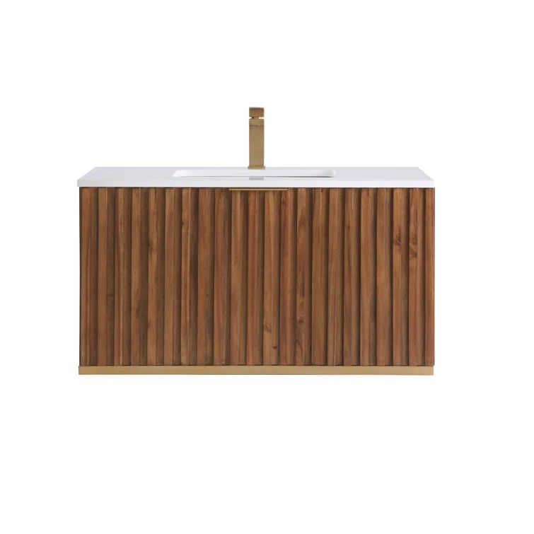 Terra 36" Walnut Wall-Mounted Single Sink Vanity with Marble Top