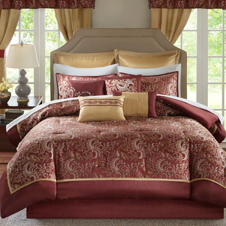 King Red Microfiber Floral Motif 24-Piece Bedding Set