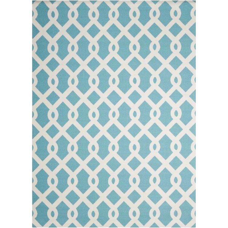 Aqua and White Geometric Outdoor Area Rug, 2'3" x 3'9"
