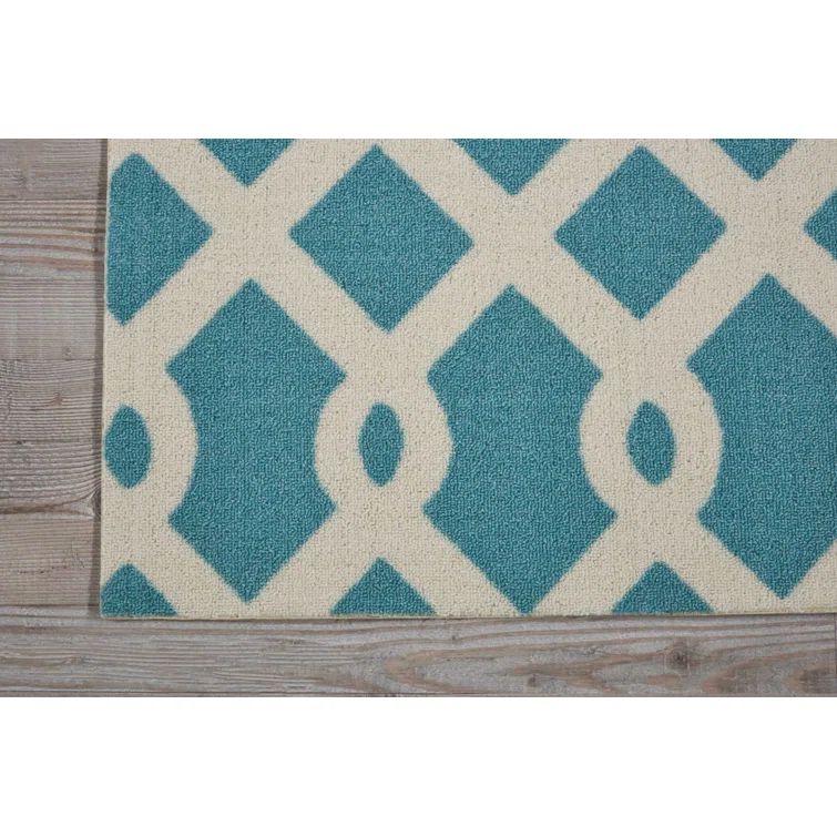 Poolside Aqua and White Synthetic Square Outdoor Rug