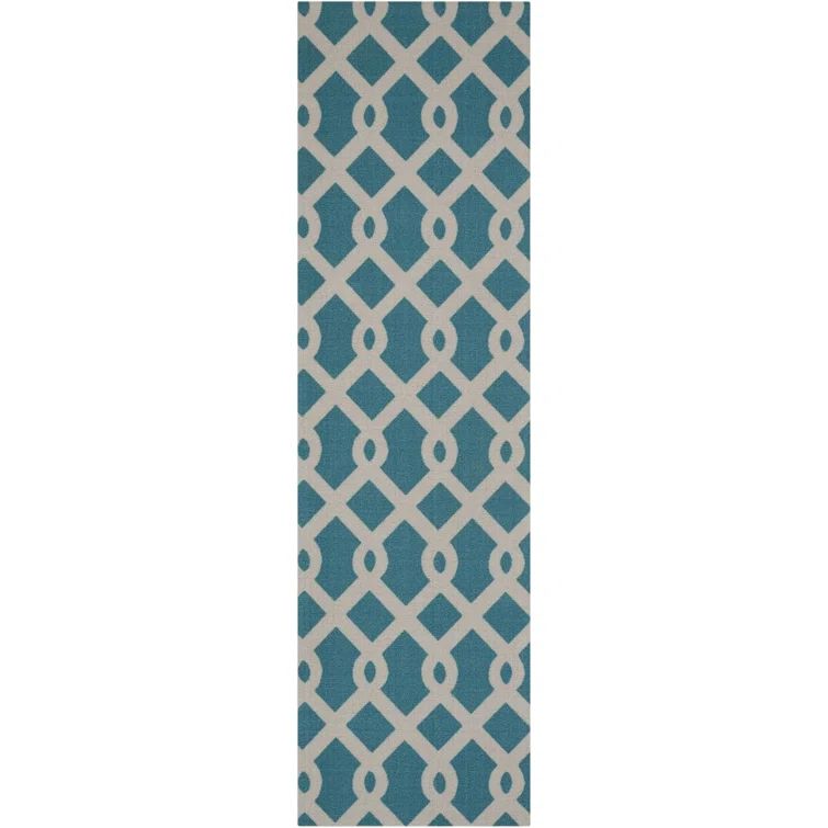 Aqua Geometric Synthetic Outdoor Runner Rug