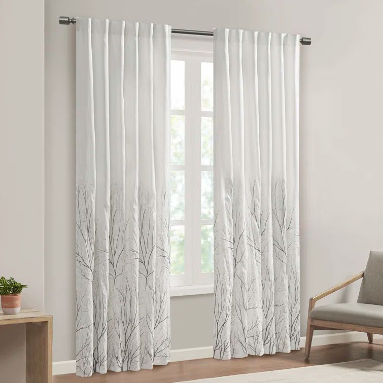 White Faux Silk Embroidered Puddle Length Curtain Panel