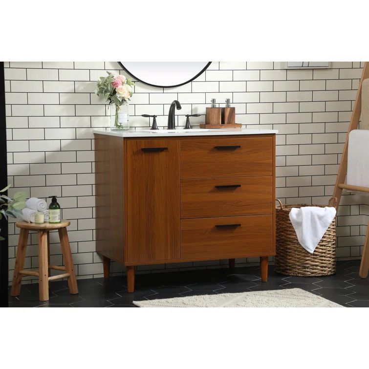 Teak Finish 36" Modern Bathroom Vanity with Engineered Stone Top
