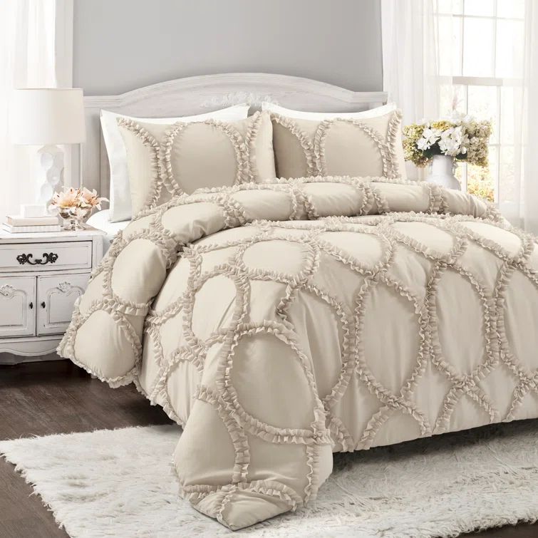 King Neutral Microfiber Comforter Set with Ruffle Embroidery