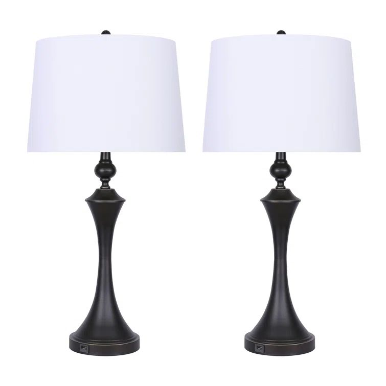 Set of 2 Oil-Rubbed Bronze Table Lamps with Off-White Linen Shades and USB Ports