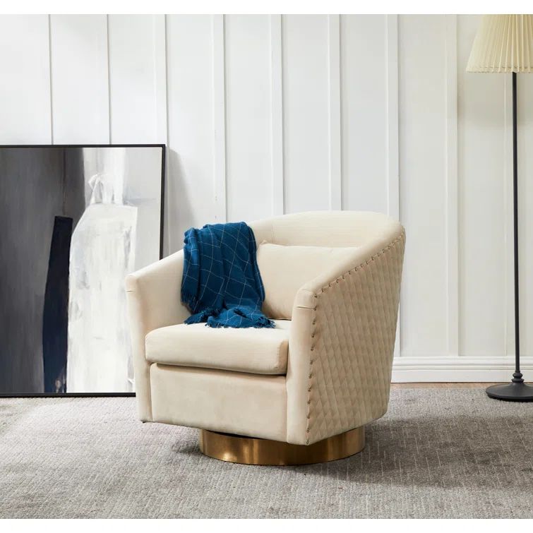 Elegant Cream Velvet Barrel Swivel Chair with Gold Accents