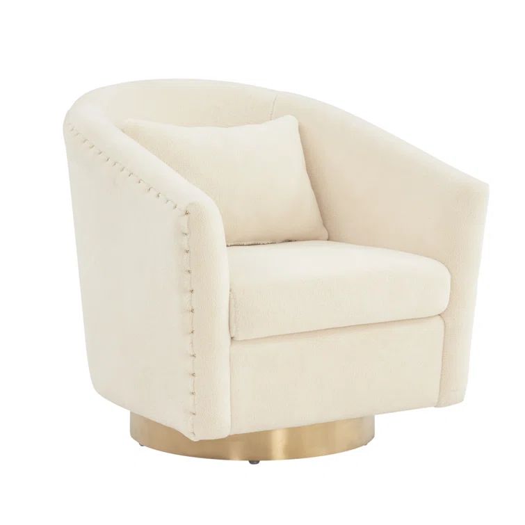 Ivory Velvet Swivel Barrel Chair with Wood Accents
