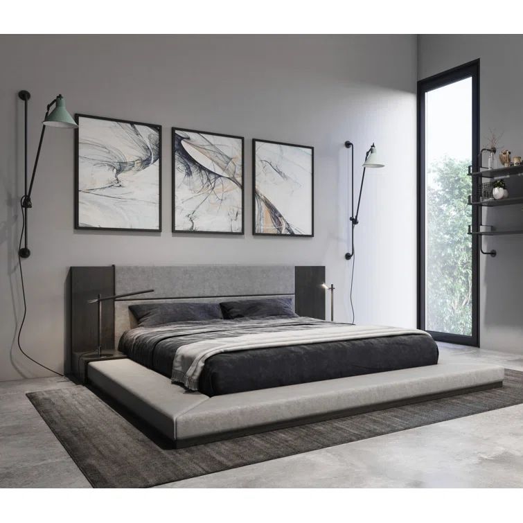 King Dark Walnut Upholstered Bed with Slats and Headboard
