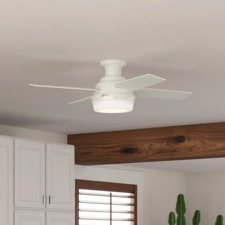 44" White Low Profile Ceiling Fan with LED Light and Remote