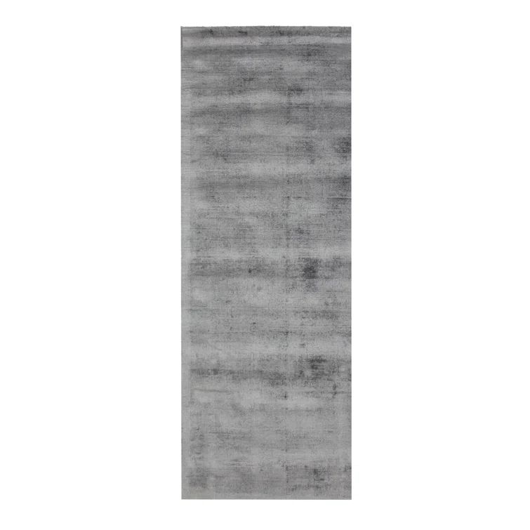 Hand-Woven Gray Silk and Viscose Runner Rug 2'6" x 12'