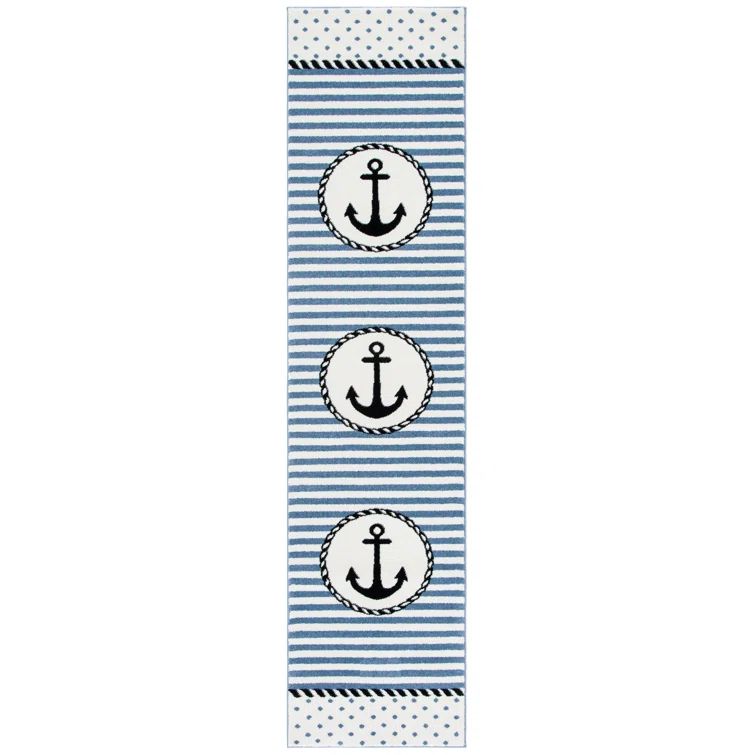 Ivory and Navy Hand-knotted Synthetic Kids Rug, 2'3" x 10'