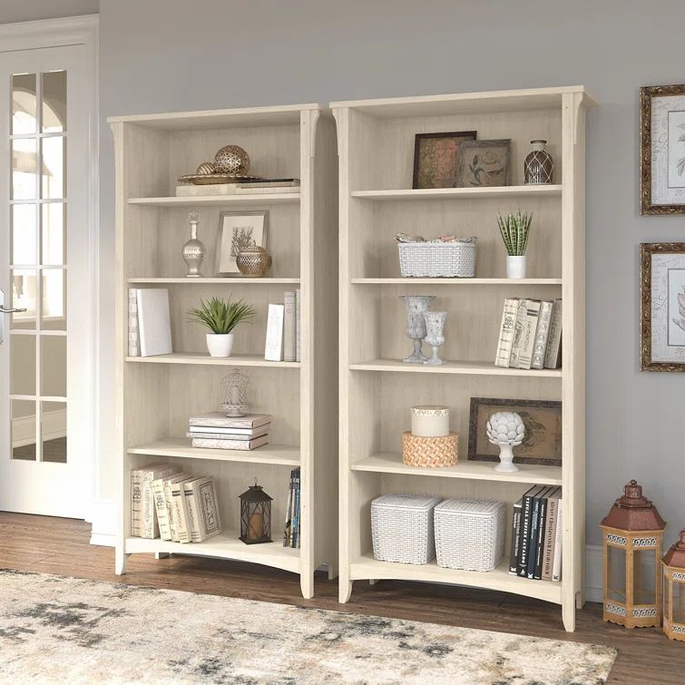 Antique White Adjustable 5-Shelf Floor-Standing Bookcase Set