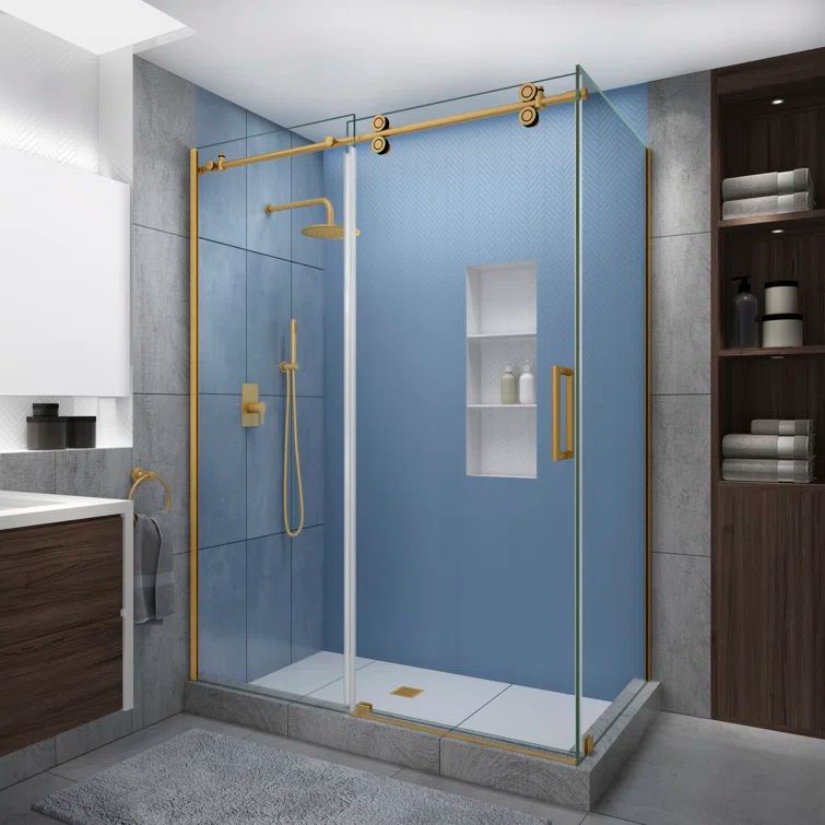 Langham XL Frameless Clear Glass Sliding Shower Enclosure with Brushed Gold Finish