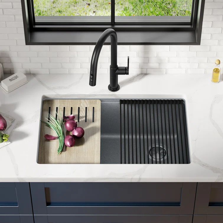 Metallic Gray Granite Undermount Single Bowl Kitchen Sink with Accessories