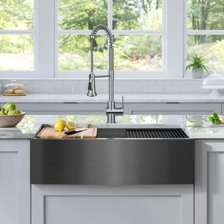 Kore 33" Gunmetal Stainless Steel Farmhouse Sink with Accessories
