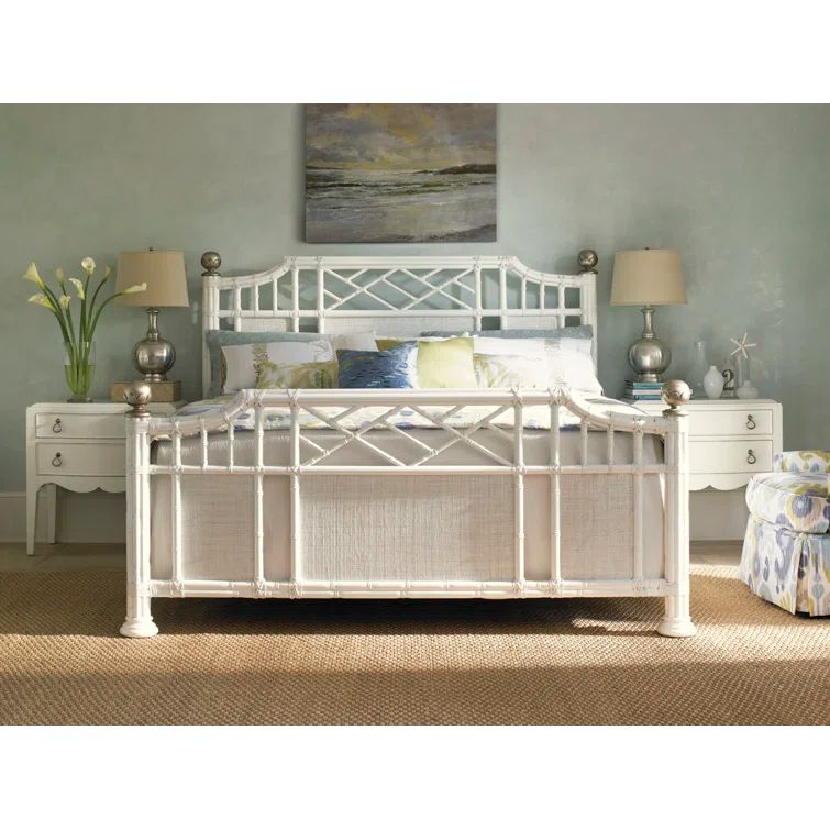 Somers Isle King Poster Bed with White Wood Frame and Upholstered Headboard
