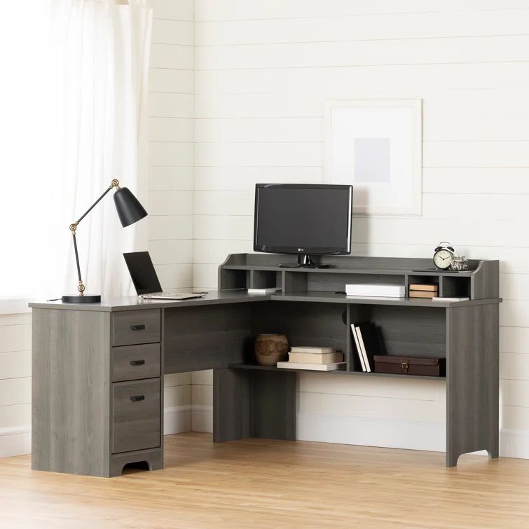 Gray Maple L-Shaped Computer Desk with Hutch and Drawers