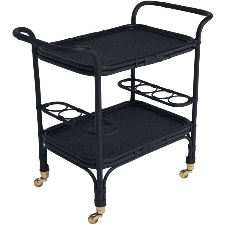 Elegant Black Rattan and Tempered Glass Bar Cart with Wine Rack