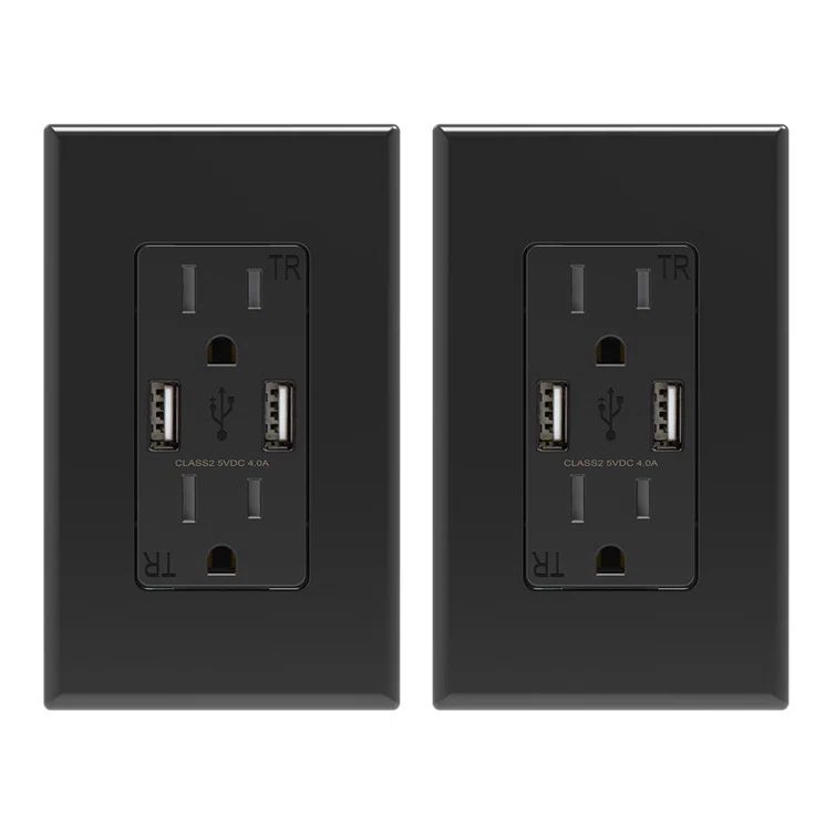 Black 15A Tamper Resistant Duplex Outlet with USB-C Ports