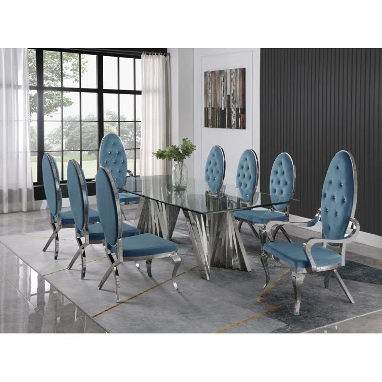 Teal Velvet and Glass 94" Dining Set with Silver Base