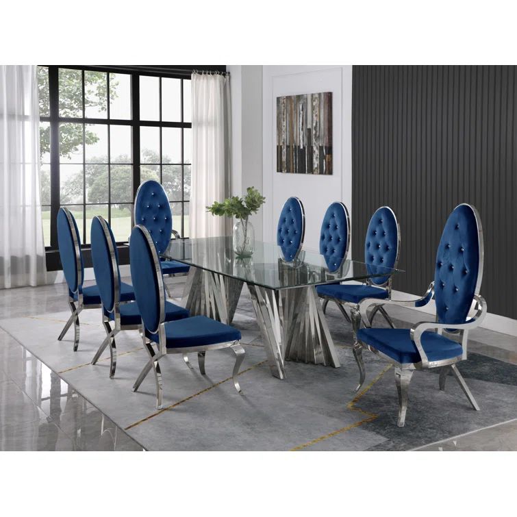 Grandeur Navy Blue Velvet & Silver Spiral 9pc Dining Set