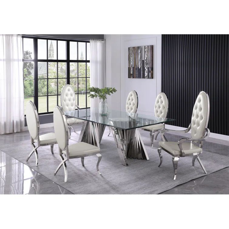 White Faux Leather Tufted Chairs with Silver Glass Table Dining Set