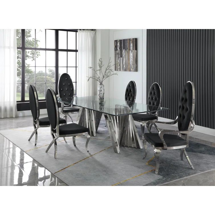 Grand Elegance 94" Glass-Top Dining Set with Black Velvet Chairs