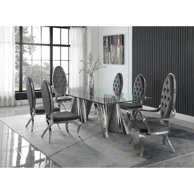 Gray Velvet and Glass 7-Piece Dining Set with Silver Pedestal Base