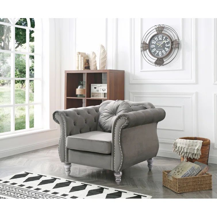 Hollywood Dark Gray Velvet Accent Chair with Wood Legs