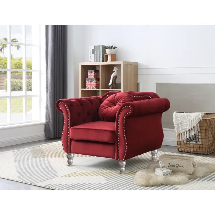 Burgundy Velvet Tufted Accent Chair with Wood Frame