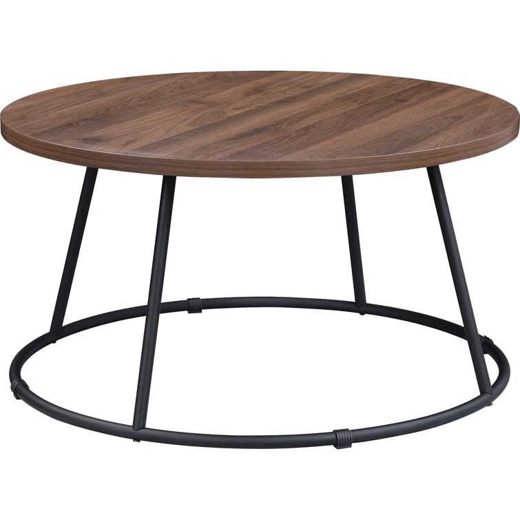 Lorell Round 31.5" Walnut Top Industrial Coffee Table with Metal Base
