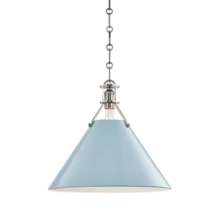 Polished Nickel Indoor/Outdoor Pendant with Blue Bird Steel Shade