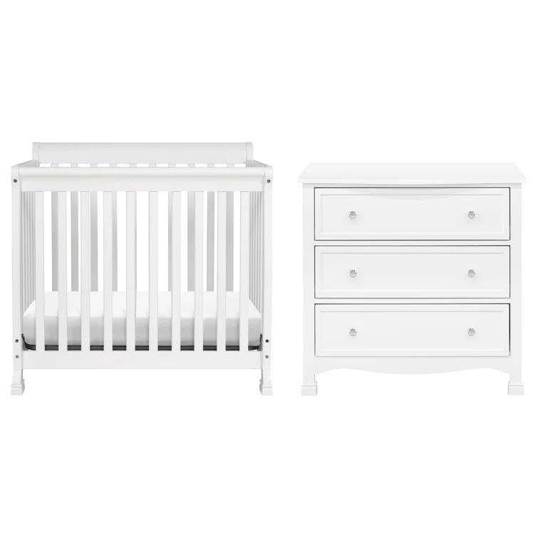 White Wooden 4-in-1 Convertible Mini Crib and Dresser Set