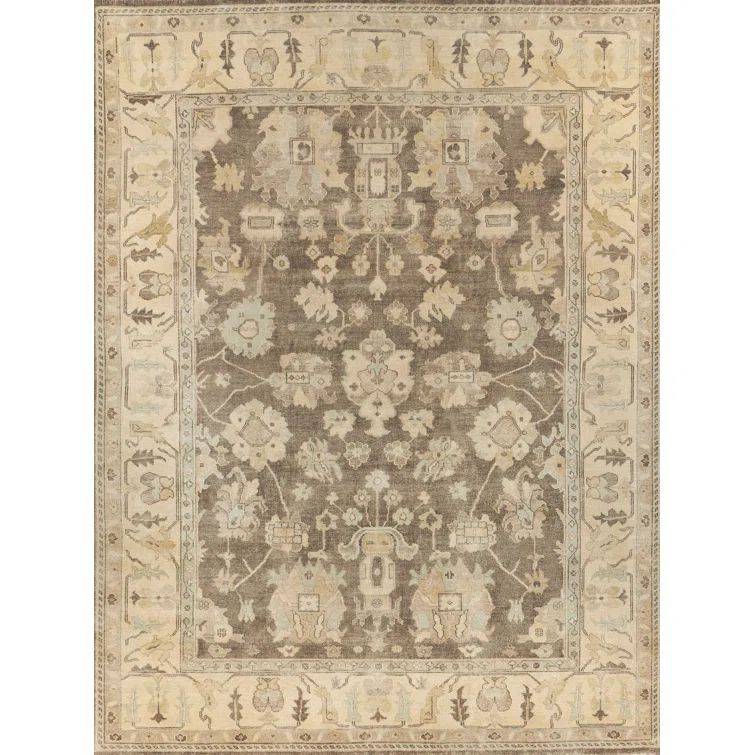 Hand-Knotted Ivory and Brown Wool Oriental Rug, 9' x 12'