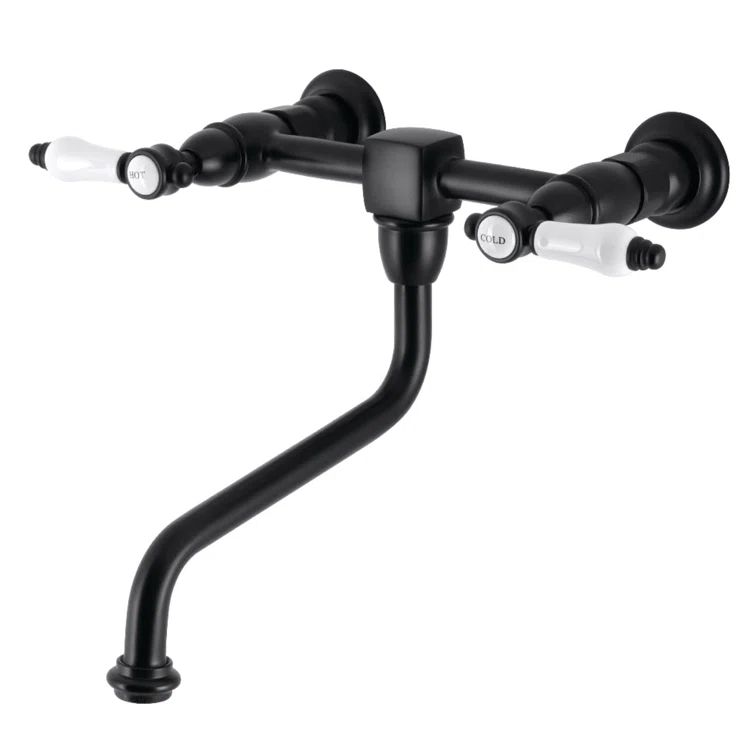 Bel Air Matte Black Wall Mount Bathroom Faucet with Porcelain Levers