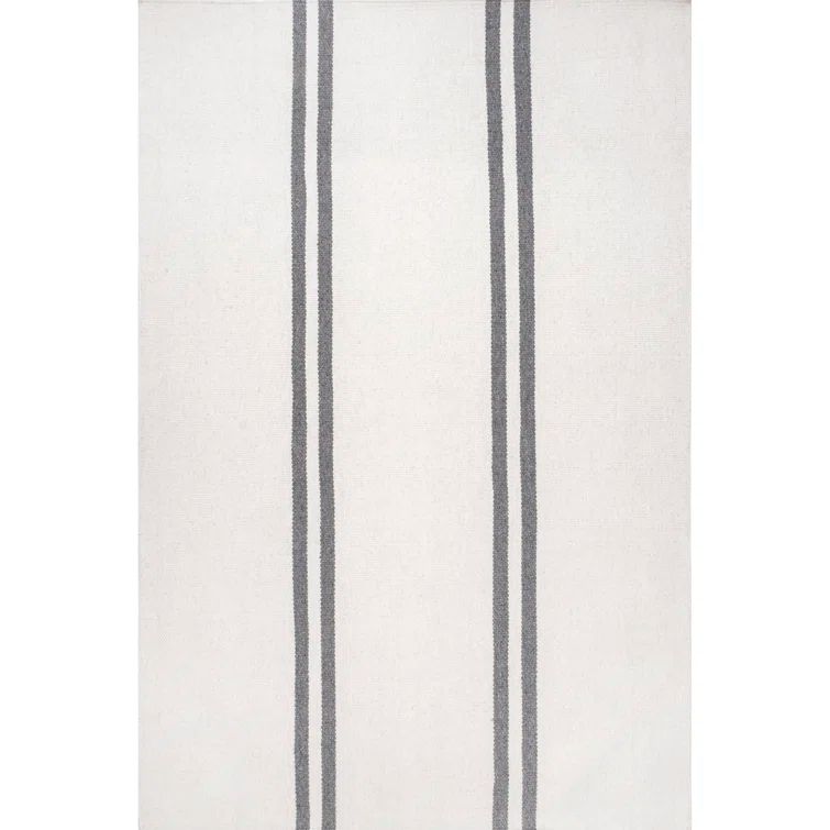 Ivory and Gray Striped Wool 4' x 6' Flat Woven Rug