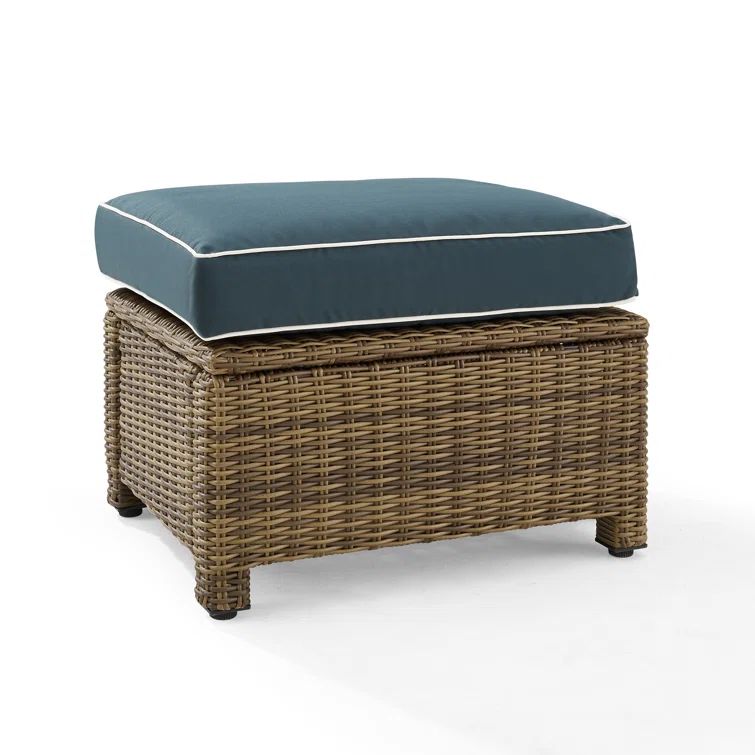 Bradenton Navy Velvet and Brown Wicker Outdoor Ottoman