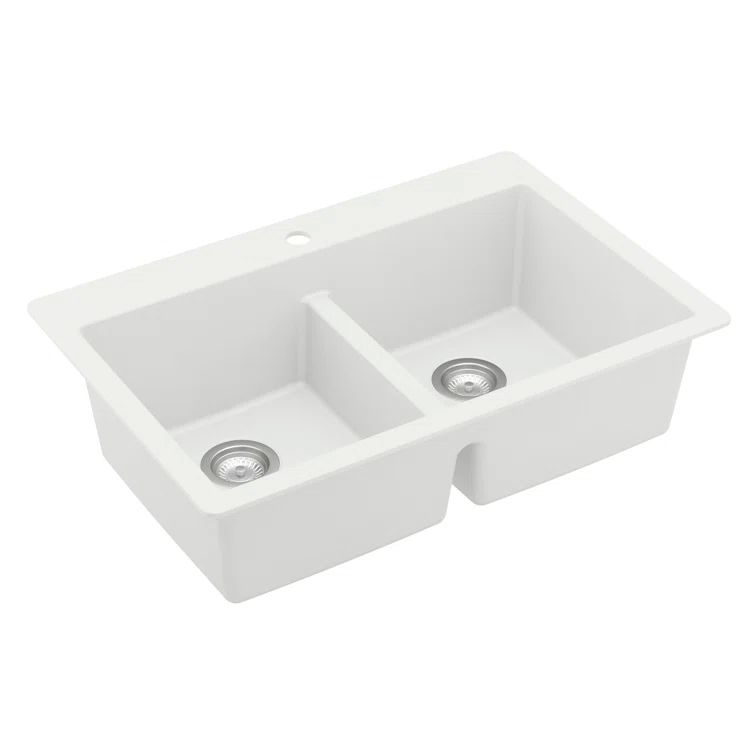 White Quartz 33'' Double Bowl Drop-In Kitchen Sink