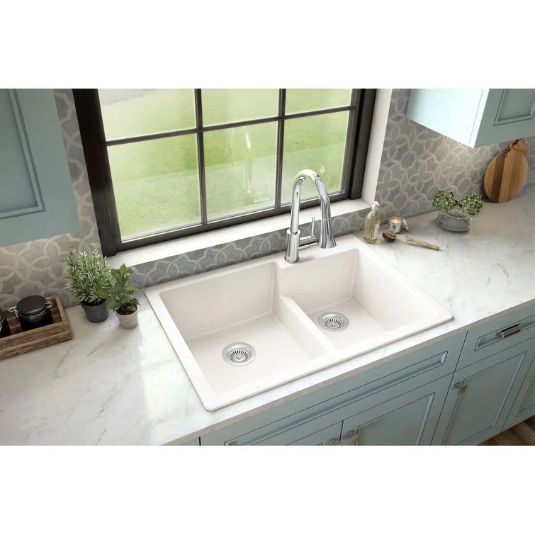 White Quartz 33'' Double Bowl Drop-In Kitchen Sink