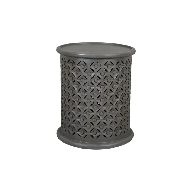 Transitional Hand-Carved 17" Round Drum Table in Antique Grey