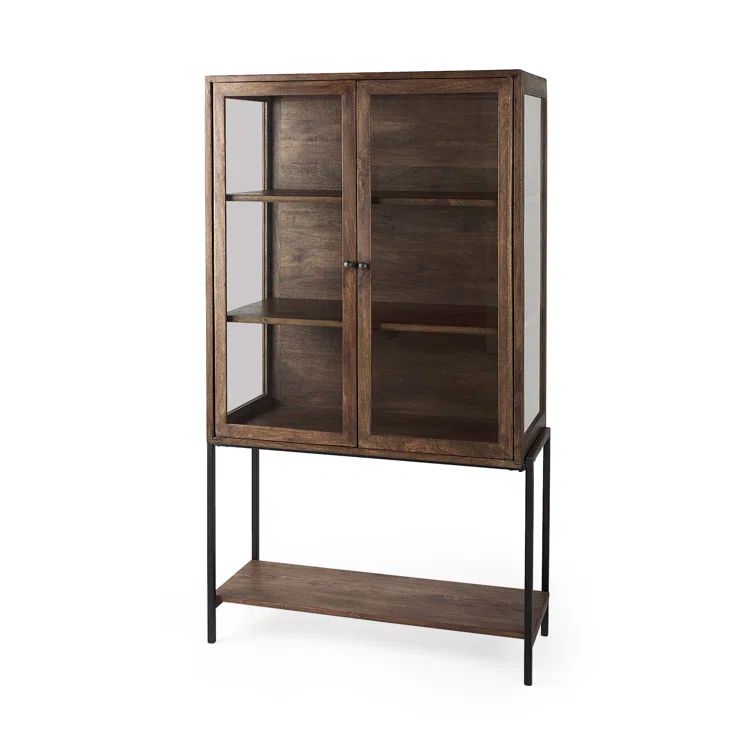 Medium Brown Mango Wood and Black Iron Curio Cabinet