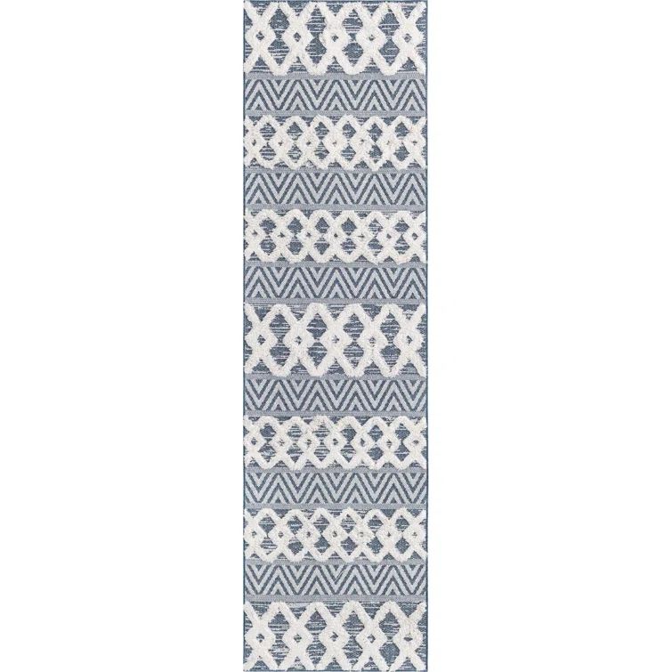 Navy Blue Geometric Flat Woven Cotton Runner Rug