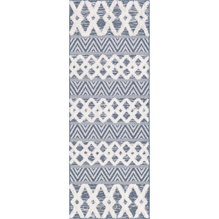 Navy Blue and Ivory Cotton Geometric Runner Rug