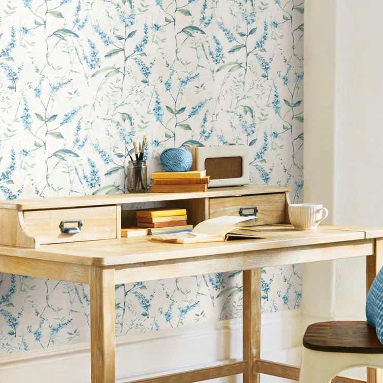 Blue Floral Sprig Peel and Stick Vinyl Wallpaper Roll