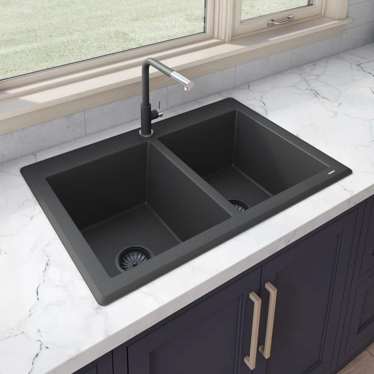 Midnight Black Granite Composite Double Bowl Drop-In Sink