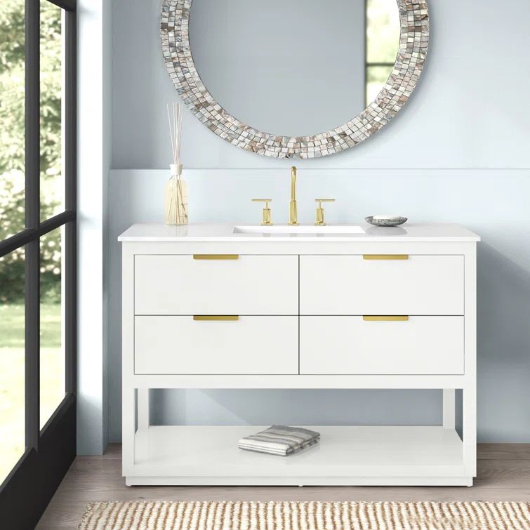 Larkin 48'' White Solid Wood Single Bathroom Vanity with Engineered Marble Top